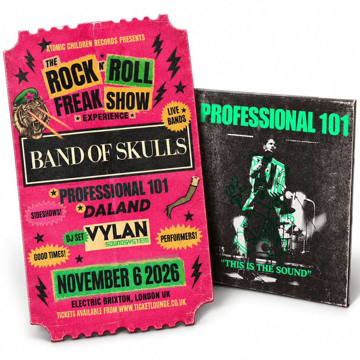 Rock n Roll Freak Show ticket with PROFESSIONAL 101 album